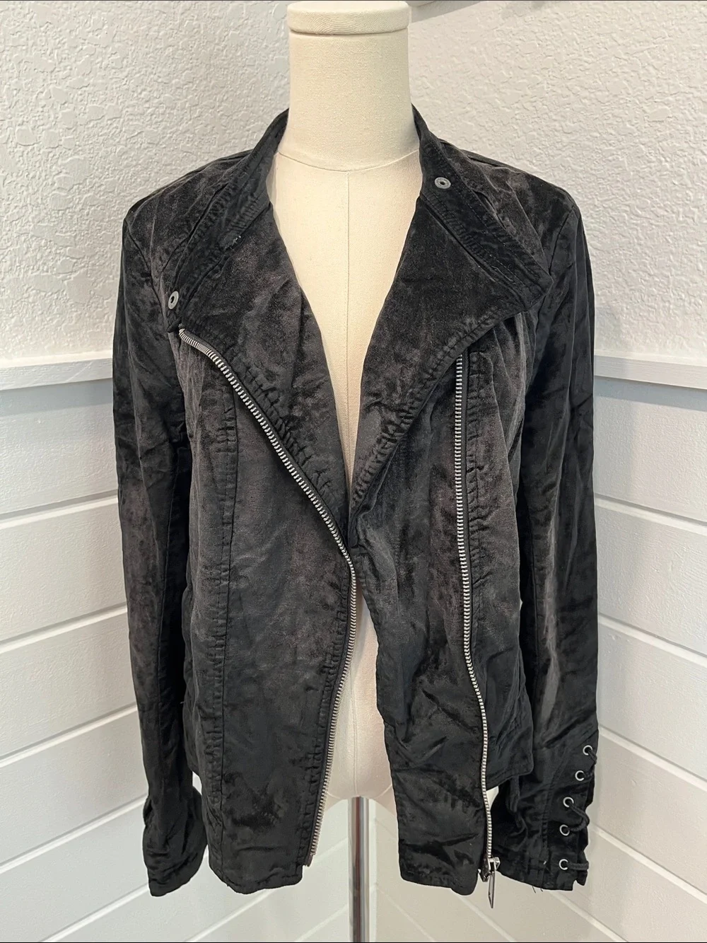 Free People Black Asymmetrical Zip Crushed Velvet-Look Jacket